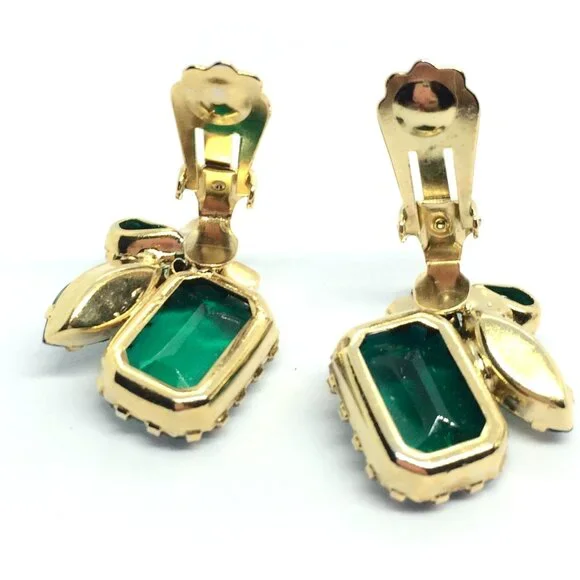 VINTAGE EMERALD Rhinestone Brooch  Earring Set Green Glass Prong Clip on MCM - Picture 10 of 16